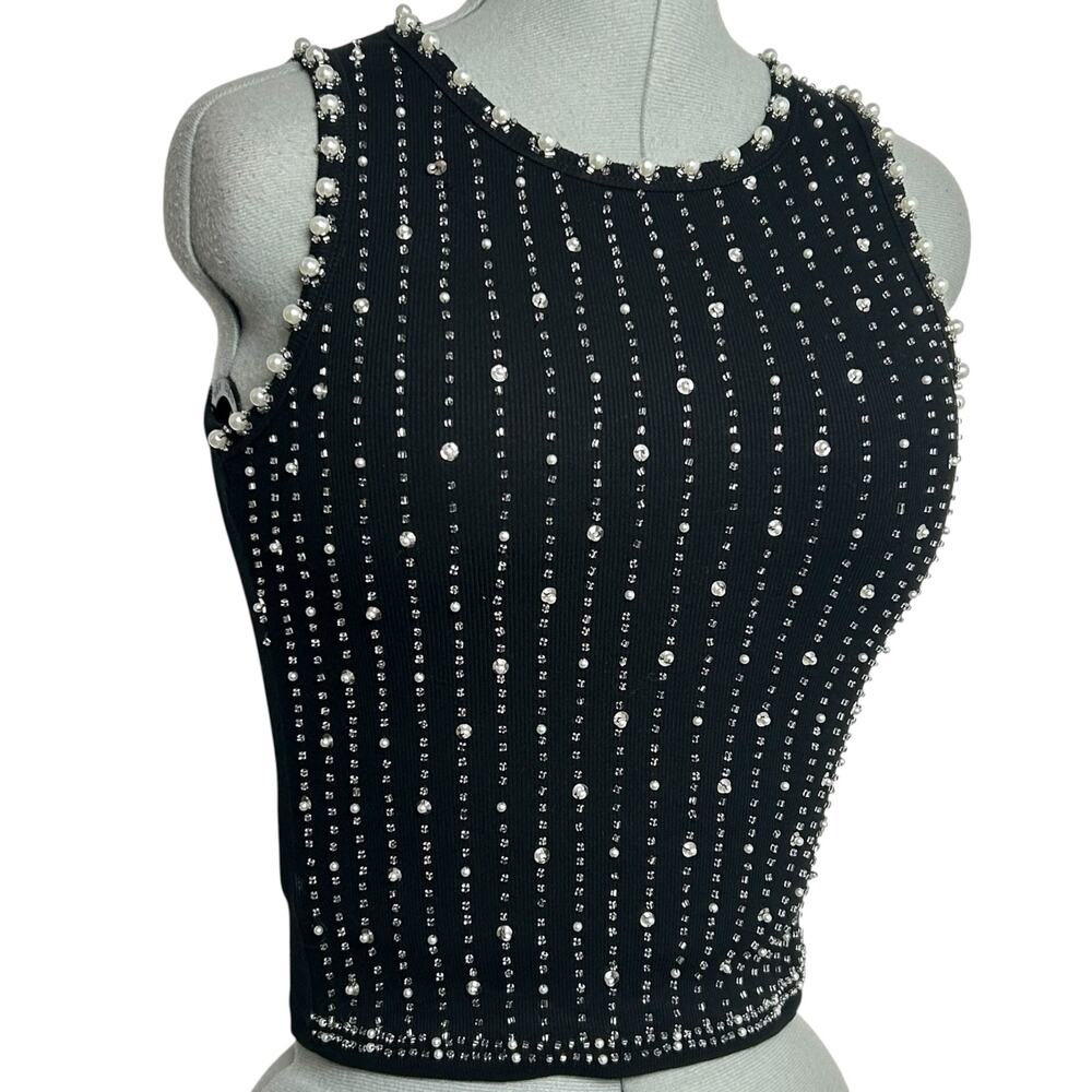 Lizette Collection Black Ribbed Tank Top with Bead & Pearl Embellishments Size S